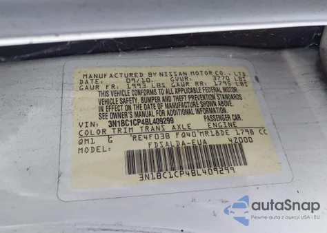 2011 Nissan Versa 1.8S из США, поврежденный, VIN 3N1BC1CP4BL409299